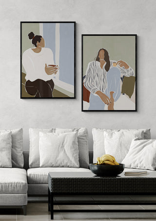 Minimalist artwork of a woman in an ivy green space enjoying espresso, displayed above a modern sofa.