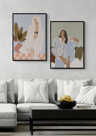 Modern living room with framed Too Lazy To Yoga - Ivy Green art above a neutral sofa and coffee table with fruit bowl.