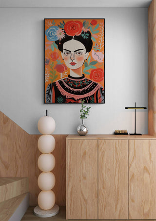 Colorful painting of a woman with flowers, displayed above a modern cabinet in a stylish room.