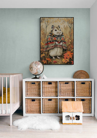 A framed illustration of a mouse in a cozy nursery room, displayed above wicker storage on the Little Mouse product page.