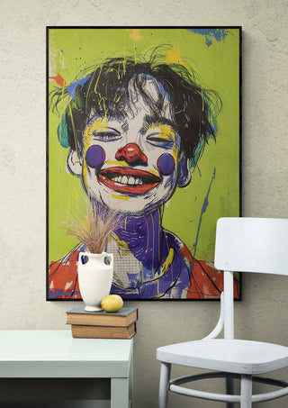 Framed artwork of a smiling clown on a green background, featured on the Whatever You Want - Tara Green product page.