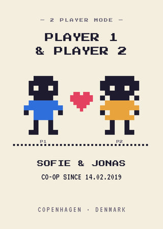 Player 1 & Player 2 personalised gamer couple poster – two pixel-art characters with a pixel heart, names, co-op date and place (Cream)