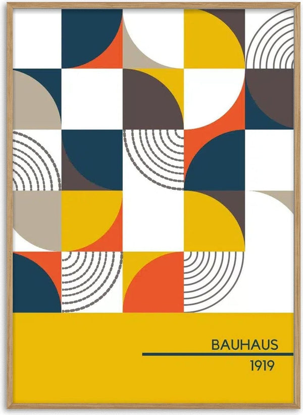Abstract geometric Bauhaus poster with bold shapes in yellow, orange, blue, and gray. Text reads "BAUHAUS 1919".