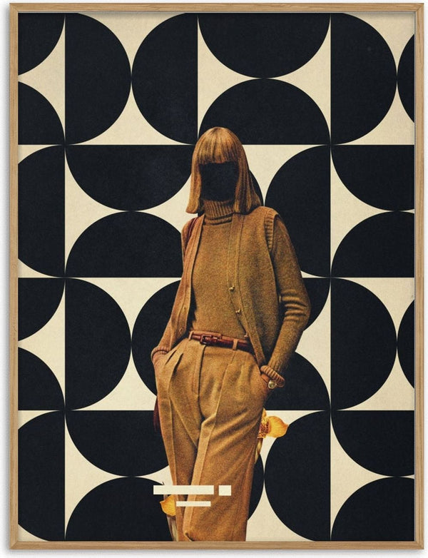Vintage-styled woman in brown suit stands before a bold black and white geometric backdrop. 1978 Annie Collection.
