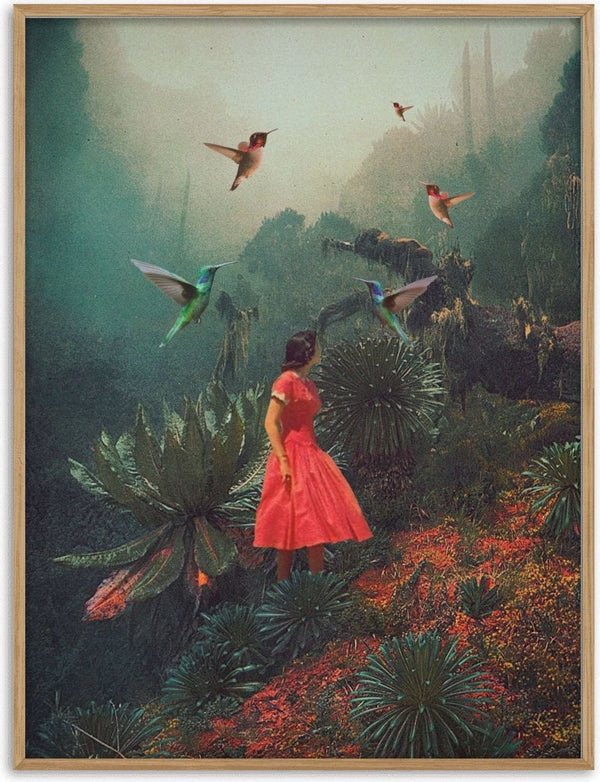 Surreal art of a woman in red dress standing in lush greenery with hummingbirds, from 20 Seconds Before the Rain.