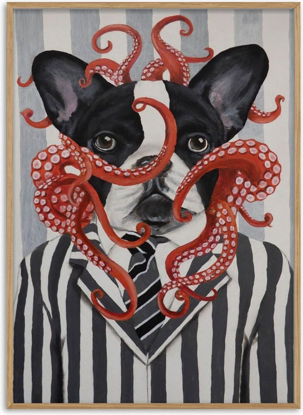 French Bulldog in a striped suit and tie with red octopus tentacles around its face, Coco de Paris art.