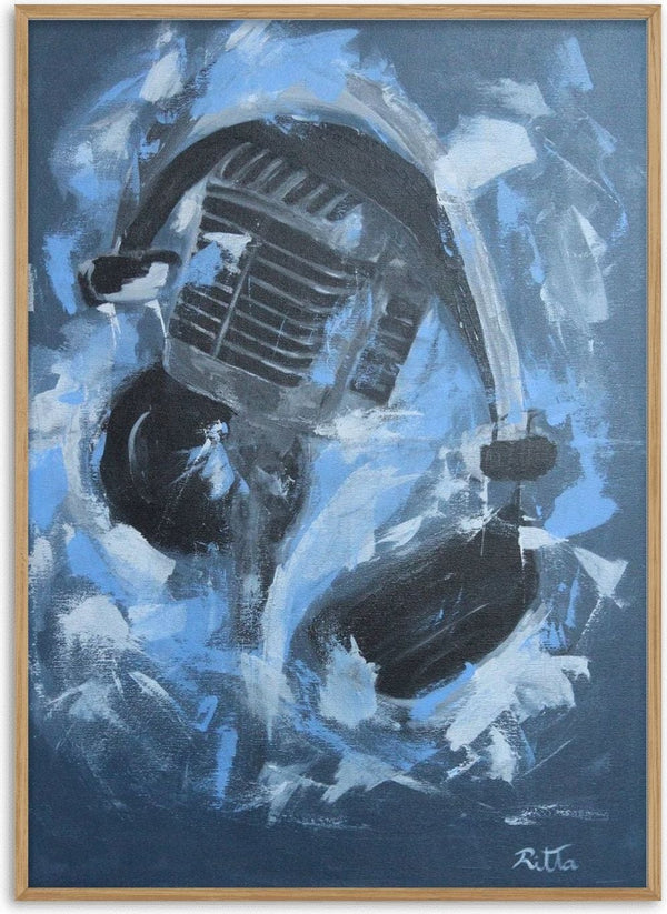Vintage Microphone by Ritta Henriques Jorge - an old stage microphone in black and grey amid pale blue and white brushstrokes