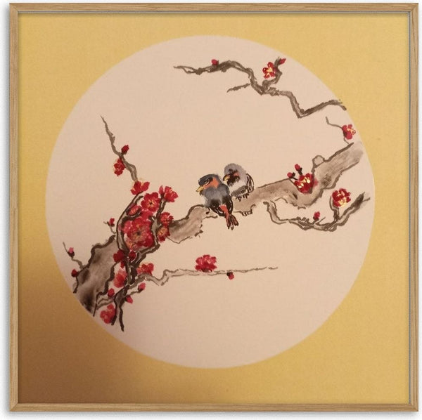 Plum Blossom Pair by Tracey - two small birds on a red plum blossom branch in a white circle on yellow