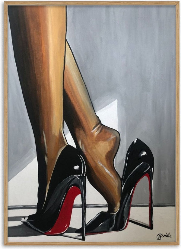 Red Soles by Art By Biba - black patent stilettos with red lacquered soles on a grey floor