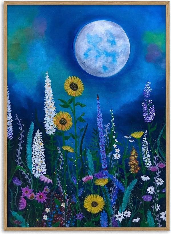 Blue Moon Garden by Art By Biba - sunflowers, lupins and veronica under a pale moon in a deep blue sky