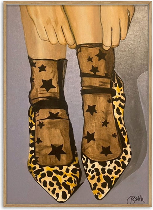 Leopard Heels by Art By Biba - sheer star-printed socks with leopard-print pointed heels on silver grey