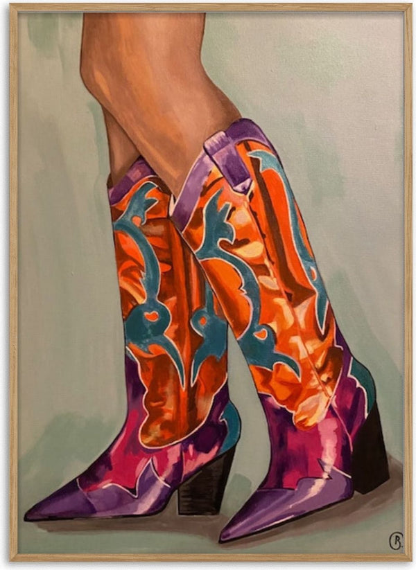 Cowboy Boots by Art By Biba - tall orange and magenta western boots with teal inlay on washed sage green