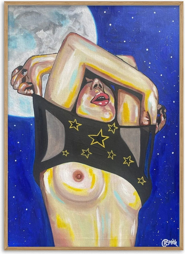 Stars and Moon by Art By Biba - a figure in a gold-starred black top against a deep blue sky and a full moon