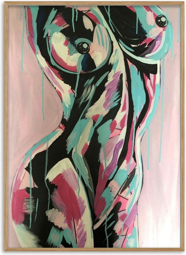 Brushstroke Nude by Art By Biba - a standing figure built from turquoise, pink and cream strokes with drips