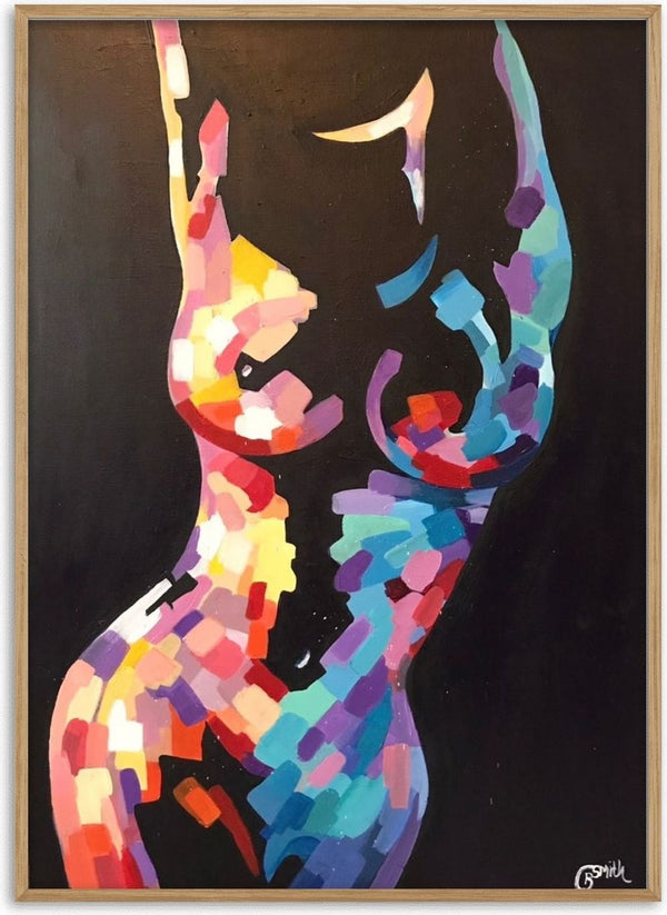 Mosaic Nude in Colour by Art By Biba - a standing figure built from coral, blue and violet patches on black