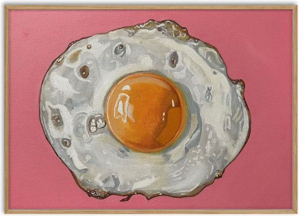 Fried Egg on Pink by Art By Biba - one fried egg with a domed orange yolk on flat rose pink