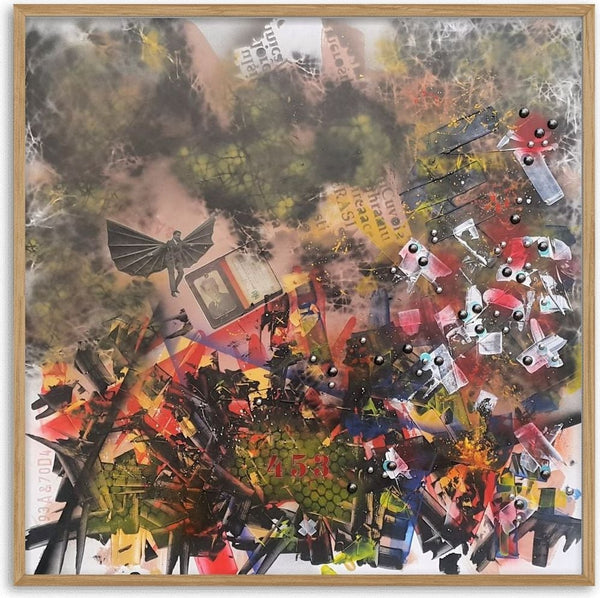 Flight 453 by Dada - a cut-out man in bat wings drifting through grey spray above a wreck of torn paper
