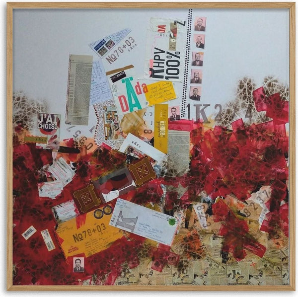J'ai choisi by Dada - crumpled red tissue and newsprint under airmail envelopes and passport photographs