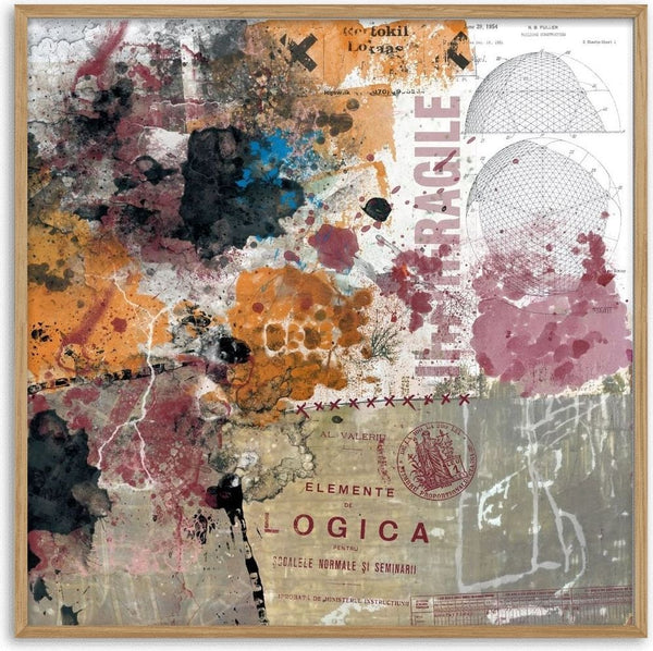 Elements of Logic by Dada - orange and wine ink over geodesic patent drawings and an old logic title page
