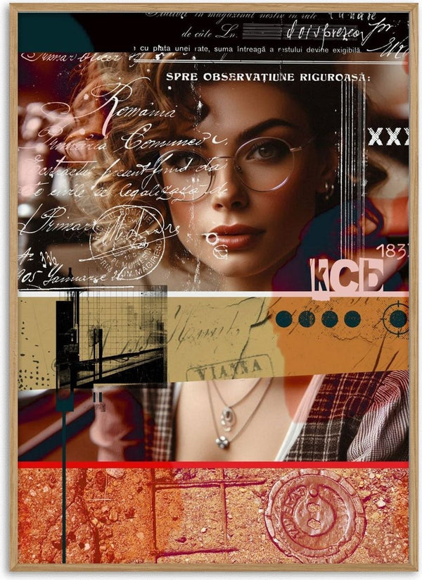 Rigorous Observation by Dada - a woman in wire-rimmed glasses layered over Romanian script and terracotta