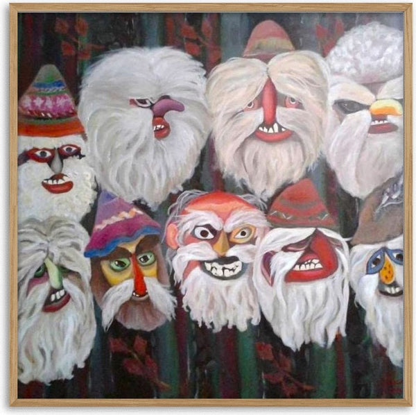 Winter Masks by Cristina Iacob - ten bearded carnival masks in red, green and ochre against a dark ground