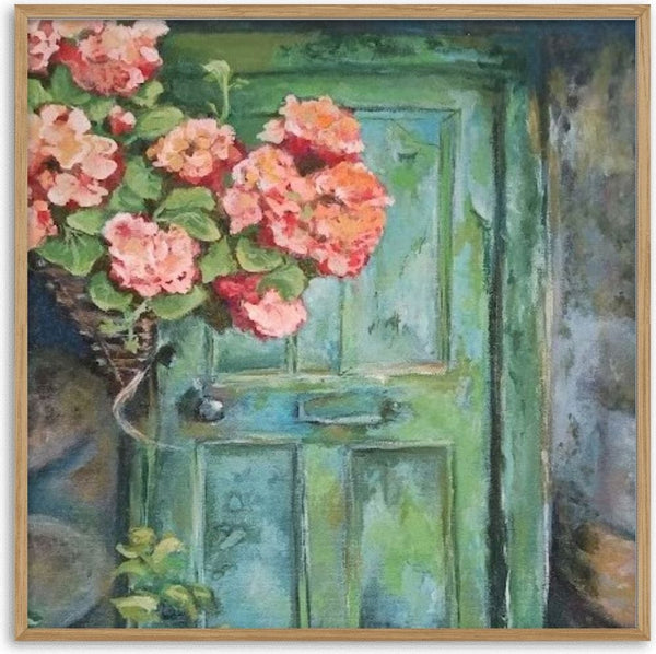 Geranium Door by Cristina Iacob - coral and pink geraniums beside a worn green and turquoise panelled door