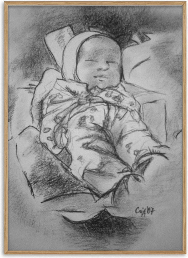 Sleeping Baby by Cristina Iacob - a sleeping child in a bonnet drawn in charcoal on white paper
