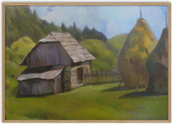 Barn and Haystacks by Cristina Iacob - a grey timber barn and two conical haystacks on a green hill slope