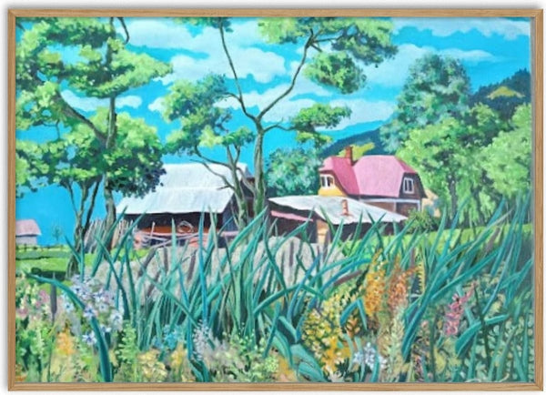 Garden in June by Cristina Iacob - tall leaves and flower spikes in front of barns and a pink-roofed house