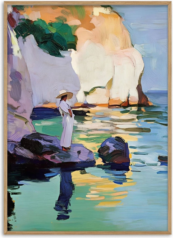 Woman by the Cliffs by Elena Avanesova - woman in white and a sun hat on a rock below pale cliffs by turquoise water