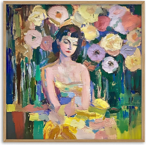 Woman among Flowers by Elena Avanesova - dark-haired woman in a yellow dress surrounded by pink, lilac and cream blooms