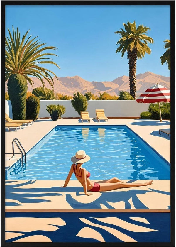Poolside Afternoon by Elena Avanesova - woman in a red bikini by a blue swimming pool with palm trees and pink mountains