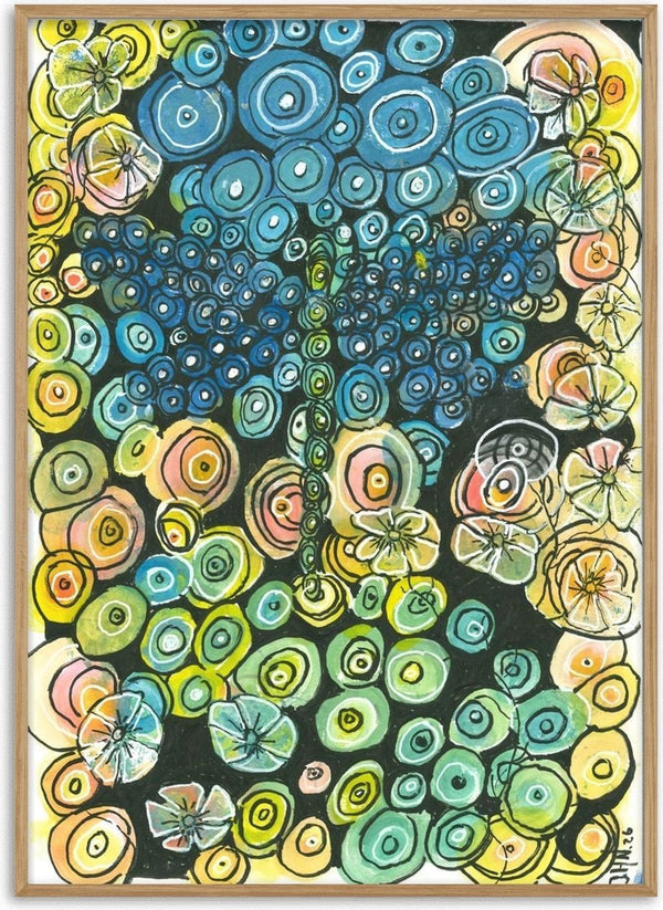 Tree of Circles by JHN.ByHjort - deep blue tree of hand-drawn rings among turquoise, green and yellow circles