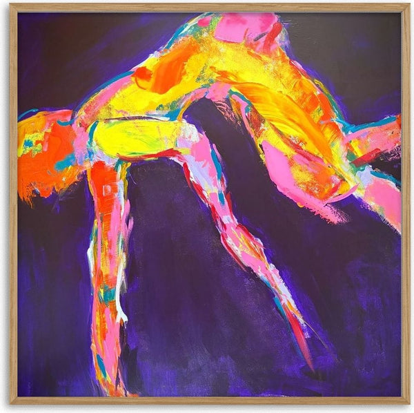 Leap by René J - figure stretched mid-jump painted in yellow, orange and magenta on a deep violet ground