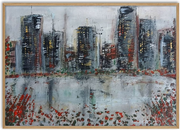 City Across the Water by luco art - grey and rust city skyline reflected in pale water with red flecks along the banks