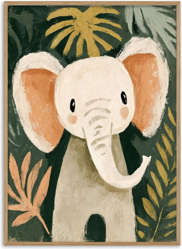 Jungle Elephant by Decker Studios - cream elephant with apricot ears among ochre and sage leaves on a dark green background