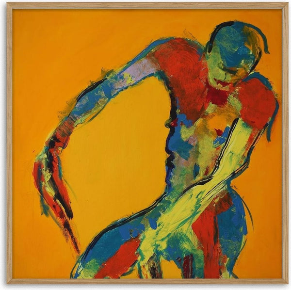 Bending Figure by René J - a figure bent forward in red, blue and green on flat orange