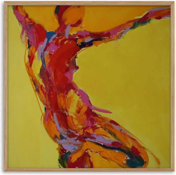 Reaching Figure by René J - a figure stretching in red and pink across a bare yellow ground