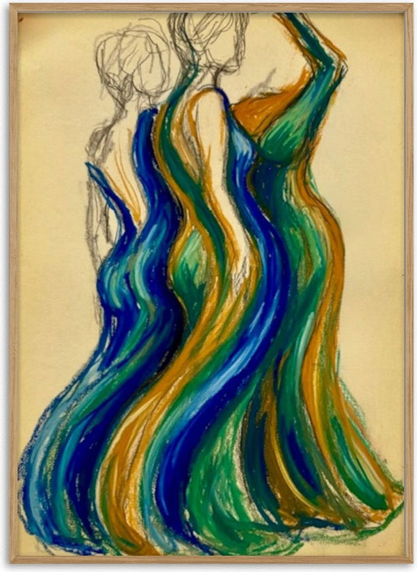 Two Gowns by Da Winters - two figures seen from behind in long blue, green and ochre gowns