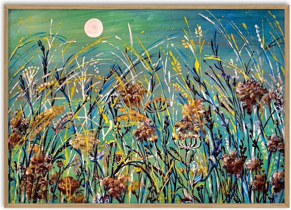 Meadow Moon by Svetla Stoyanova Bassi - grasses and seed heads under a pale moon on a teal ground