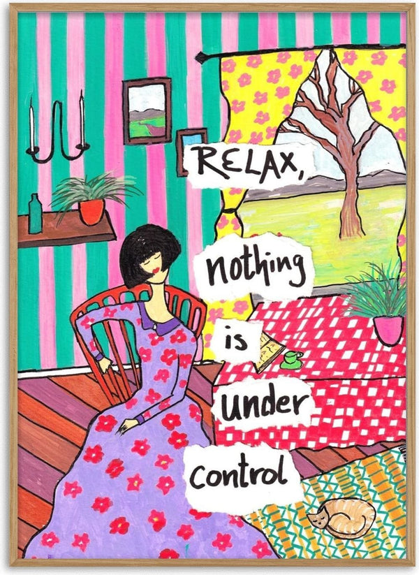 Nothing Is Under Control by Camilla Nilsson - a woman in a striped room with a sleeping cat
