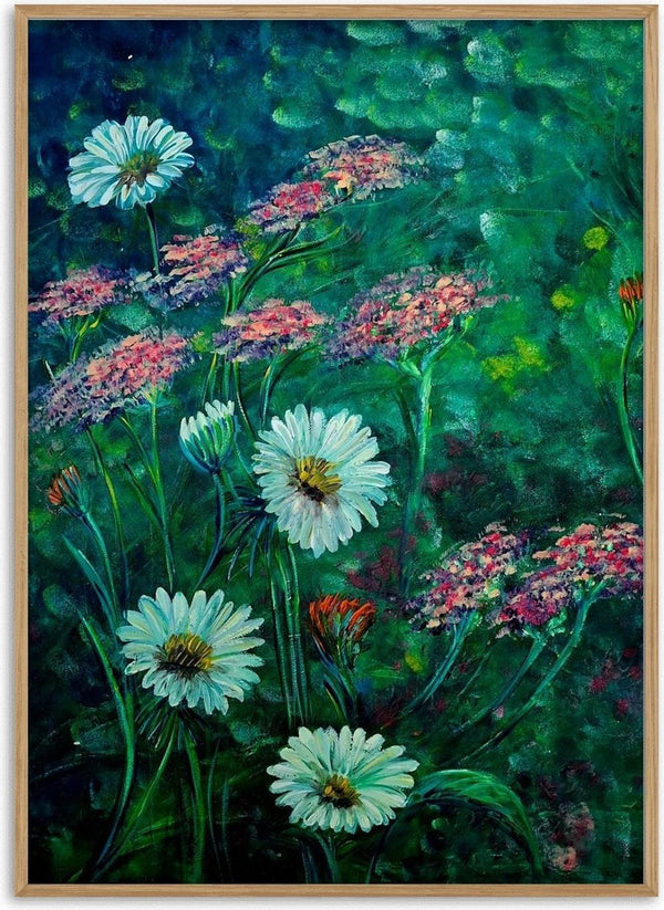 White Daisies and Yarrow by Svetla Stoyanova Bassi - white daisies and pink yarrow on a deep green ground