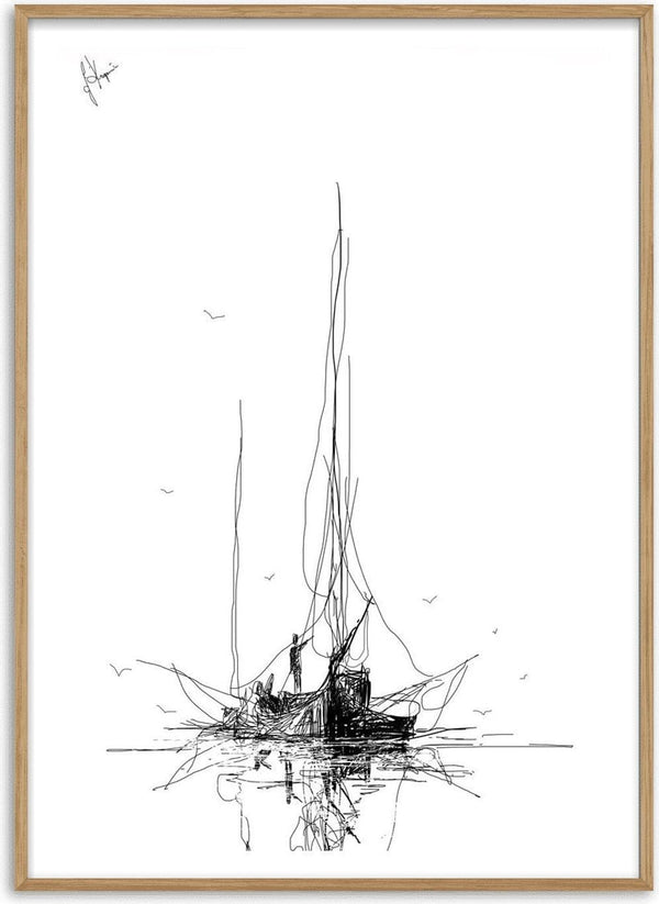 Two Masts by Justyna Kopania - a small two-masted boat drawn in fine black line on white paper