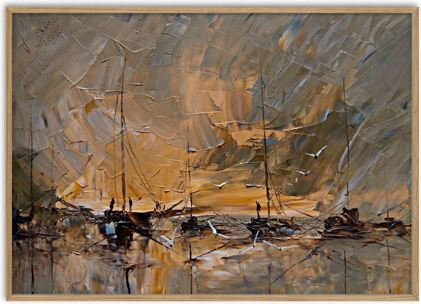 Harbour in Ochre by Justyna Kopania - moored boats and thin masts in sand and ochre tones