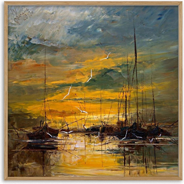Evening Gold by Justyna Kopania - masts and dark hulls against a gold and green evening sky
