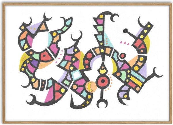 Pastel Glyphs by John Larkin - black glyph figures filled with lilac, pink, turquoise and yellow on white
