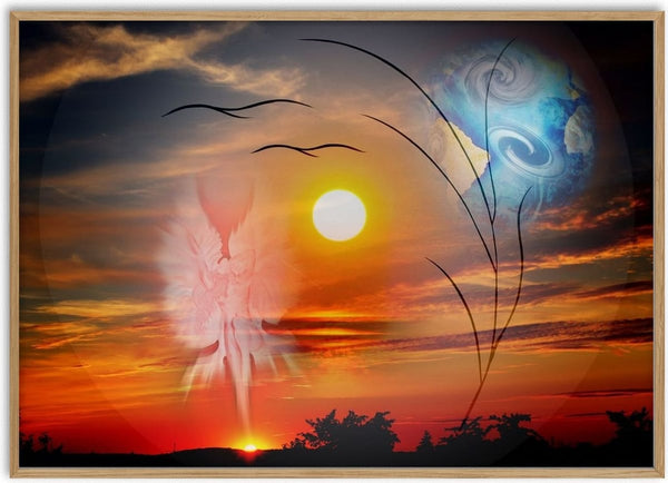 Sunrise Angel by Walter Zettl - a winged figure of light rising from an orange and red sunrise