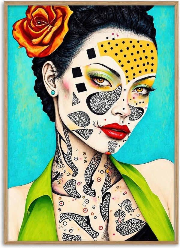 Yellow Dot Mask by Tara Green - a woman's face half covered in yellow dots and fine grey patterns on turquoise