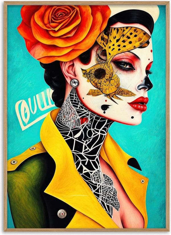 Lace and Leopard by Tara Green - a woman with an orange rose, a gold mask and white lace lines on turquoise