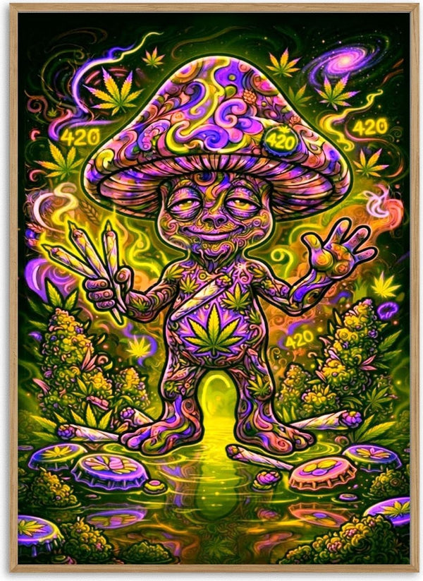 420 Mushroom by BunteBeute - a patterned mushroom figure in a pond among cannabis leaves and stars